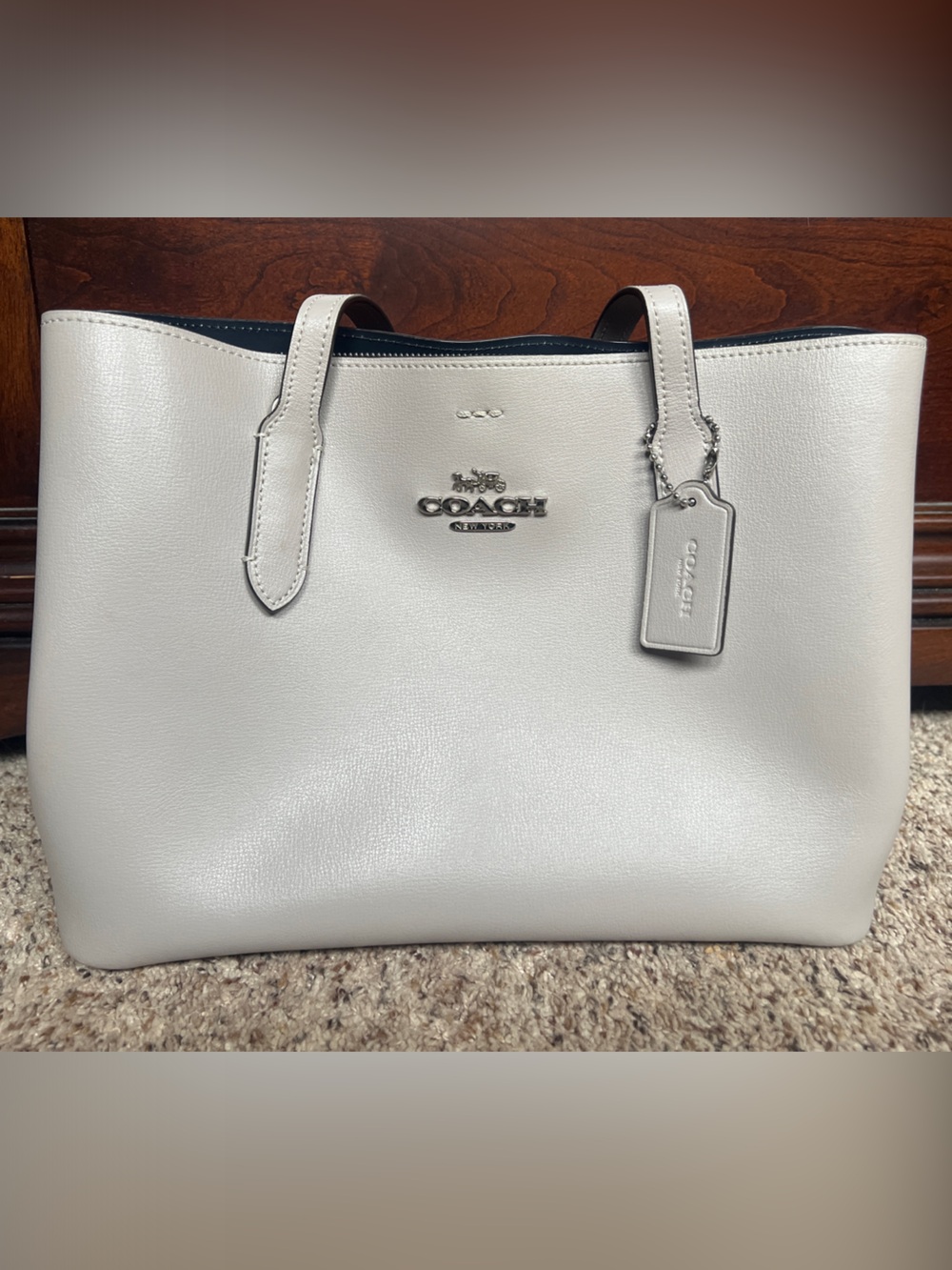 Coach light gray smooth Leather Tote with Silver Hardware
